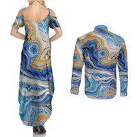 Polynesian Tribal Tattoo Couples Matching Summer Maxi Dress and Long Sleeve Button Shirt Swirling Ocean Marble Pattern LT9 - Polynesian Pride