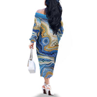 Polynesian Tribal Tattoo Family Matching Off The Shoulder Long Sleeve Dress and Hawaiian Shirt Swirling Ocean Marble Pattern