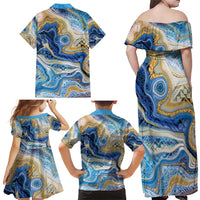 Polynesian Tribal Tattoo Family Matching Off Shoulder Maxi Dress and Hawaiian Shirt Swirling Ocean Marble Pattern