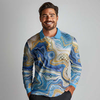 Polynesian Tribal Tattoo Long Sleeve Polo Shirt Swirling Ocean Marble Pattern