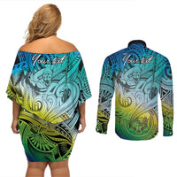 Personalised Aloha King Kamehameha Spirits Couples Matching Off Shoulder Short Dress and Long Sleeve Button Shirt Art Special LT9 - Polynesian Pride