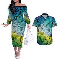 Personalised Aloha King Kamehameha Spirits Couples Matching Off The Shoulder Long Sleeve Dress and Hawaiian Shirt Art Special LT9 Art - Polynesian Pride