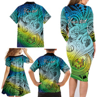 Personalised Aloha King Kamehameha Spirits Family Matching Long Sleeve Bodycon Dress and Hawaiian Shirt Art Special LT9 - Polynesian Pride