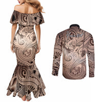 Personalised Aloha King Kamehameha Spirits Couples Matching Mermaid Dress and Long Sleeve Button Shirt Beige Special LT9 - Polynesian Pride