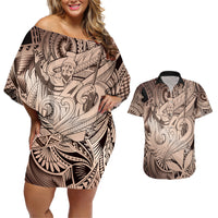 Personalised Aloha King Kamehameha Spirits Couples Matching Off Shoulder Short Dress and Hawaiian Shirt Beige Special LT9 Beige - Polynesian Pride