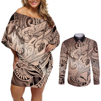 Personalised Aloha King Kamehameha Spirits Couples Matching Off Shoulder Short Dress and Long Sleeve Button Shirt Beige Special LT9 Beige - Polynesian Pride