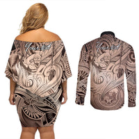 Personalised Aloha King Kamehameha Spirits Couples Matching Off Shoulder Short Dress and Long Sleeve Button Shirt Beige Special LT9 - Polynesian Pride