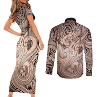 Personalised Aloha King Kamehameha Spirits Couples Matching Short Sleeve Bodycon Dress and Long Sleeve Button Shirt Beige Special LT9 - Polynesian Pride