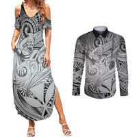 Personalised Aloha King Kamehameha Spirits Couples Matching Summer Maxi Dress and Long Sleeve Button Shirt Grey Special LT9 Grey - Polynesian Pride