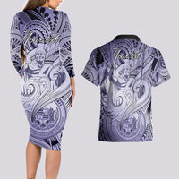 Personalised Aloha King Kamehameha Spirits Couples Matching Long Sleeve Bodycon Dress and Hawaiian Shirt Violet Special LT9 - Polynesian Pride