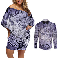 Personalised Aloha King Kamehameha Spirits Couples Matching Off Shoulder Short Dress and Long Sleeve Button Shirt Violet Special LT9 Violet - Polynesian Pride