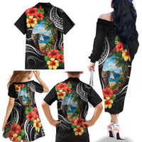 Hafa Adai Guam Family Matching Off The Shoulder Long Sleeve Dress and Hawaiian Shirt Guahan Seal Chamorro Stones Tribal