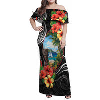 Hafa Adai Guam Family Matching Off Shoulder Maxi Dress and Hawaiian Shirt Guahan Seal Chamorro Stones Tribal