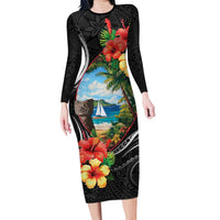 Hafa Adai Guam Long Sleeve Bodycon Dress Guahan Seal Chamorro Stones Tribal LT9 Long Dress Black - Polynesian Pride