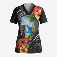 Hafa Adai Guam Scrub Top Guahan Seal Chamorro Stones Tribal LT9 Adult Black - Polynesian Pride