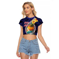 Hafa Adai Guam Seal Latte Stones Artwork Raglan Cropped T Shirt LT9 Female Blue - Polynesian Pride