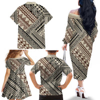 Niho Taniwha Kowhaiwhai Family Matching Off The Shoulder Long Sleeve Dress and Hawaiian Shirt