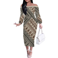 Niho Taniwha Kowhaiwhai Off The Shoulder Long Sleeve Dress LT9 Women Beige - Polynesian Pride