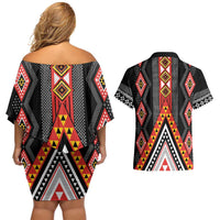 Niho Taniwha Taniko Motif Couples Matching Off Shoulder Short Dress and Hawaiian Shirt LT9 - Polynesian Pride