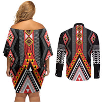 Niho Taniwha Taniko Motif Couples Matching Off Shoulder Short Dress and Long Sleeve Button Shirt LT9 - Polynesian Pride