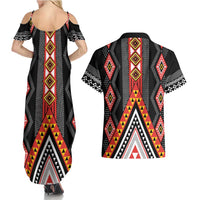 Niho Taniwha Taniko Motif Couples Matching Summer Maxi Dress and Hawaiian Shirt LT9 - Polynesian Pride