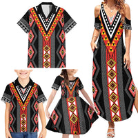 Niho Taniwha Taniko Motif Family Matching Summer Maxi Dress and Hawaiian Shirt