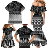 Black Taniko Kowhaiwhai Tukutuku Motif Family Matching Mermaid Dress and Hawaiian Shirt