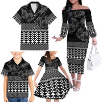 Black Taniko Kowhaiwhai Tukutuku Motif Family Matching Off The Shoulder Long Sleeve Dress and Hawaiian Shirt