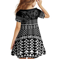 Black Taniko Kowhaiwhai Tukutuku Motif Family Matching Off Shoulder Short Dress and Hawaiian Shirt