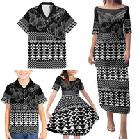 Black Taniko Kowhaiwhai Tukutuku Motif Family Matching Puletasi and Hawaiian Shirt