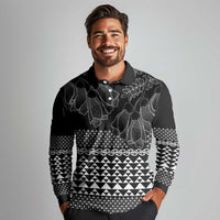 Black Taniko Kowhaiwhai Tukutuku Motif Long Sleeve Polo Shirt LT9 - Polynesian Pride