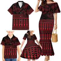 Red Taniko Kowhaiwhai Tukutuku Motif Family Matching Mermaid Dress and Hawaiian Shirt