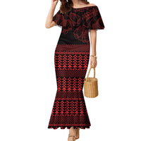 Red Taniko Kowhaiwhai Tukutuku Motif Family Matching Mermaid Dress and Hawaiian Shirt