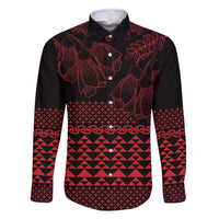 Red Taniko Kowhaiwhai Tukutuku Motif Family Matching Off The Shoulder Long Sleeve Dress and Hawaiian Shirt