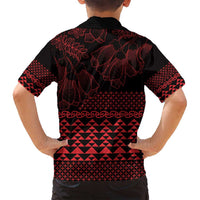 Red Taniko Kowhaiwhai Tukutuku Motif Family Matching Off Shoulder Short Dress and Hawaiian Shirt