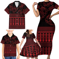 Red Taniko Kowhaiwhai Tukutuku Motif Family Matching Short Sleeve Bodycon Dress and Hawaiian Shirt