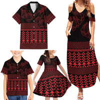 Red Taniko Kowhaiwhai Tukutuku Motif Family Matching Summer Maxi Dress and Hawaiian Shirt