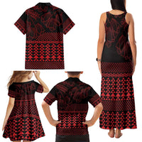 Red Taniko Kowhaiwhai Tukutuku Motif Family Matching Tank Maxi Dress and Hawaiian Shirt