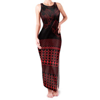 Red Taniko Kowhaiwhai Tukutuku Motif Family Matching Tank Maxi Dress and Hawaiian Shirt