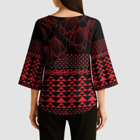 Red Taniko Kowhaiwhai Tukutuku Motif Kimono Sleeve Blouse LT9 - Polynesian Pride