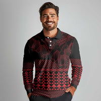 Red Taniko Kowhaiwhai Tukutuku Motif Long Sleeve Polo Shirt LT9 - Polynesian Pride