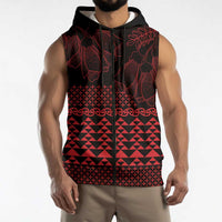 Red Taniko Kowhaiwhai Tukutuku Motif Sleeveless Zip Hoodie LT9 - Polynesian Pride