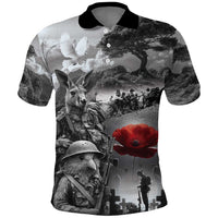 Black ANZAC Day The Battle of Lone Pine Polo Shirt Kiwi-Kangaroo Soldier Lest We Forget