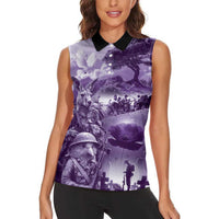 Purple ANZAC Day The Battle of Lone Pine Women Sleeveless Polo Shirt Kiwi-Kangaroo Soldier Lest We Forget