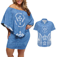 FSM Kosrae States Couples Matching Off Shoulder Short Dress and Hawaiian Shirt Micronesia Six 9 One Polynesian Tribal Pattern