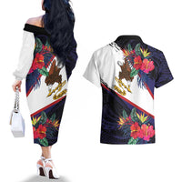 American Samoa Flag Day Since 1900 Couples Matching Off The Shoulder Long Sleeve Dress and Hawaiian Shirt Samoa Muamua Le Atua Tropical Flowers
