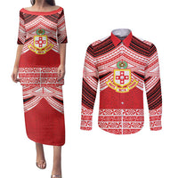 Personalised Kolisi Tonga College Atele Couples Matching Puletasi and Long Sleeve Button Shirt Polynesian Ngatu Tribal LT9 Red - Polynesian Pride