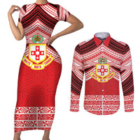 Personalised Kolisi Tonga College Atele Couples Matching Short Sleeve Bodycon Dress and Long Sleeve Button Shirt Polynesian Ngatu Tribal LT9 Red - Polynesian Pride