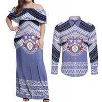 Personalised Tonga Apifoou College Couples Matching Off Shoulder Maxi Dress and Long Sleeve Button Shirt Polynesian Ngatu Tribal