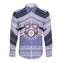Personalised Tonga Apifoou College Long Sleeve Button Shirt Polynesian Ngatu Tribal LT9 Unisex Blue - Polynesian Pride